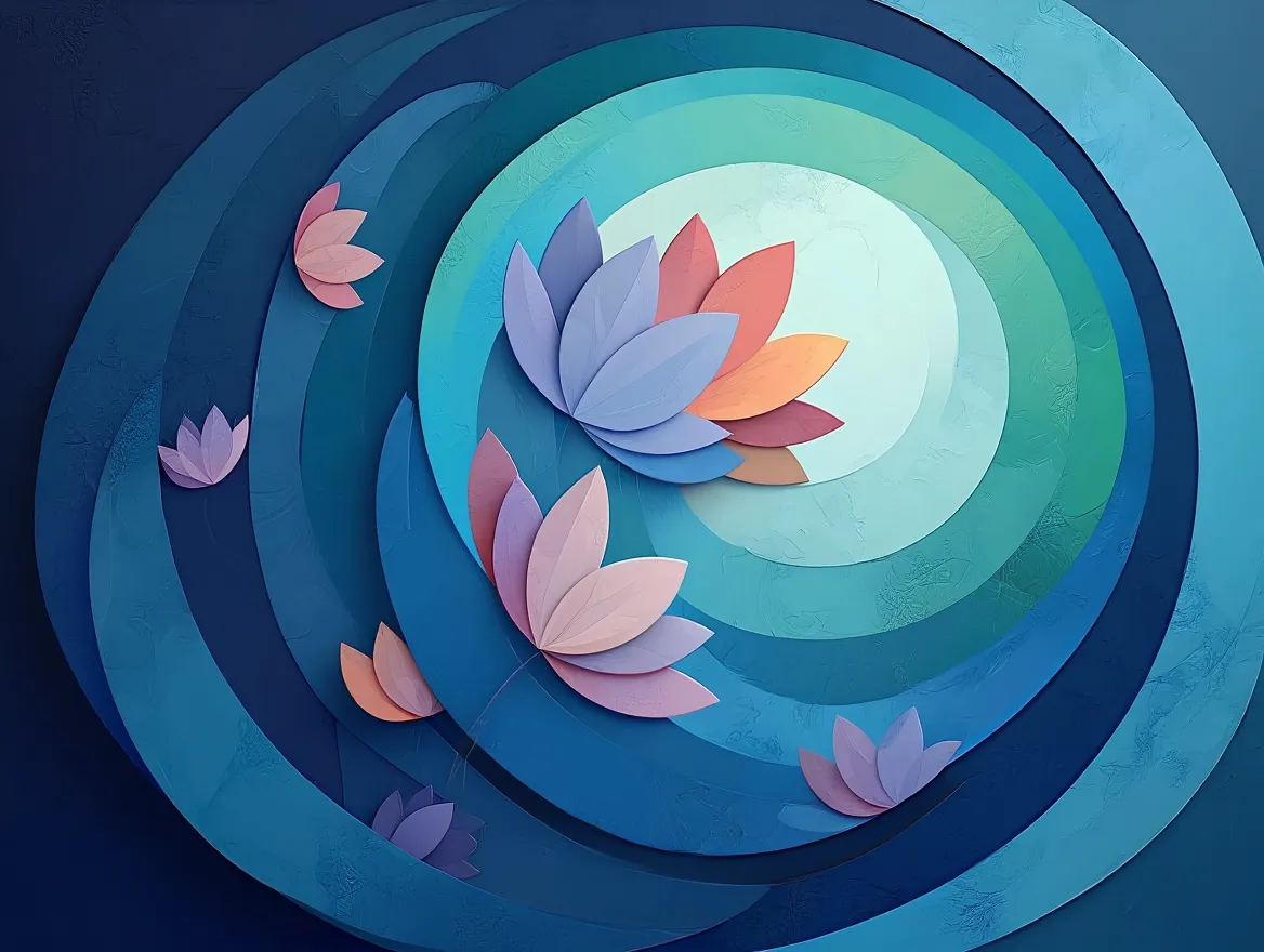 Abstrakt illustration med rolige cirkulære former der symboliserer hvile og afslapning i kølige farvetoner